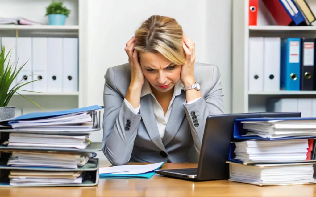 mulher na mesa com sobrecarregada de trabalho